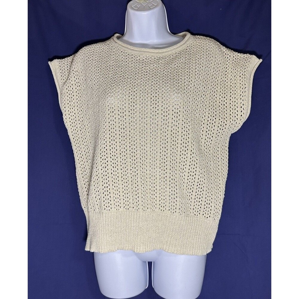 Women's Metallic Gold Crochet Knit Sweater Vest Cream Sleeveless Top Size M/L